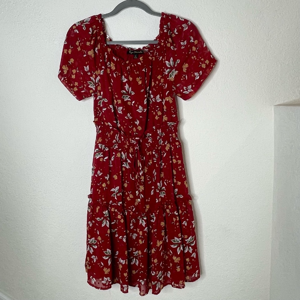 Ryan Michelle Off Shoulder Womens Floral Ruffled Lined Dress Size Medium Red